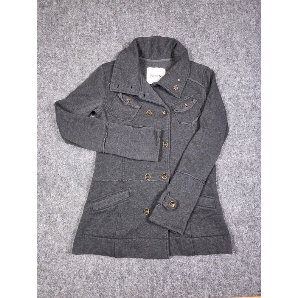 Hurley Pea Coat Jacket Womens Medium Gray Red Cross Patch Fleece Double Breasted